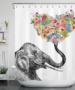 Elephant Shower Curtain - Colored Heart-shaped Flowers Bathroom Decor