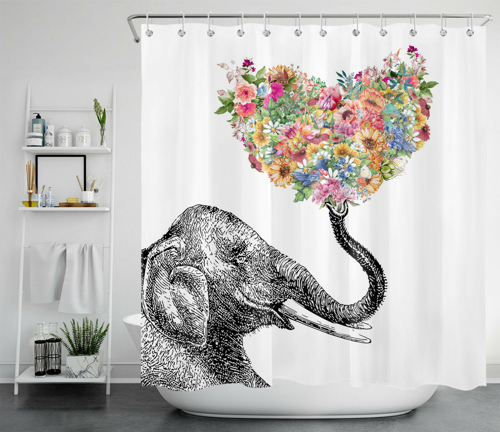Elephant Shower Curtain - Colored Heart-shaped Flowers Bathroom Decor