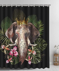 Elephant Shower Curtain with Tropical Palm Leaves Flowers Crown Black Background Waterproof Fabric - Perfect for Bathroom