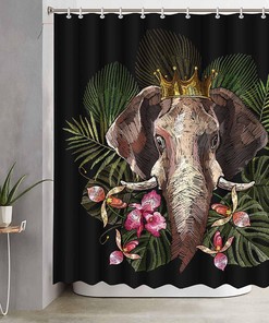 Elephant Shower Curtain with Tropical Palm Leaves Flowers Crown Black Background Waterproof Fabric - Perfect for Bathroom