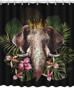 Elephant Shower Curtain with Tropical Palm Leaves Flowers Crown Black Background Waterproof Fabric - Perfect for Bathroom
