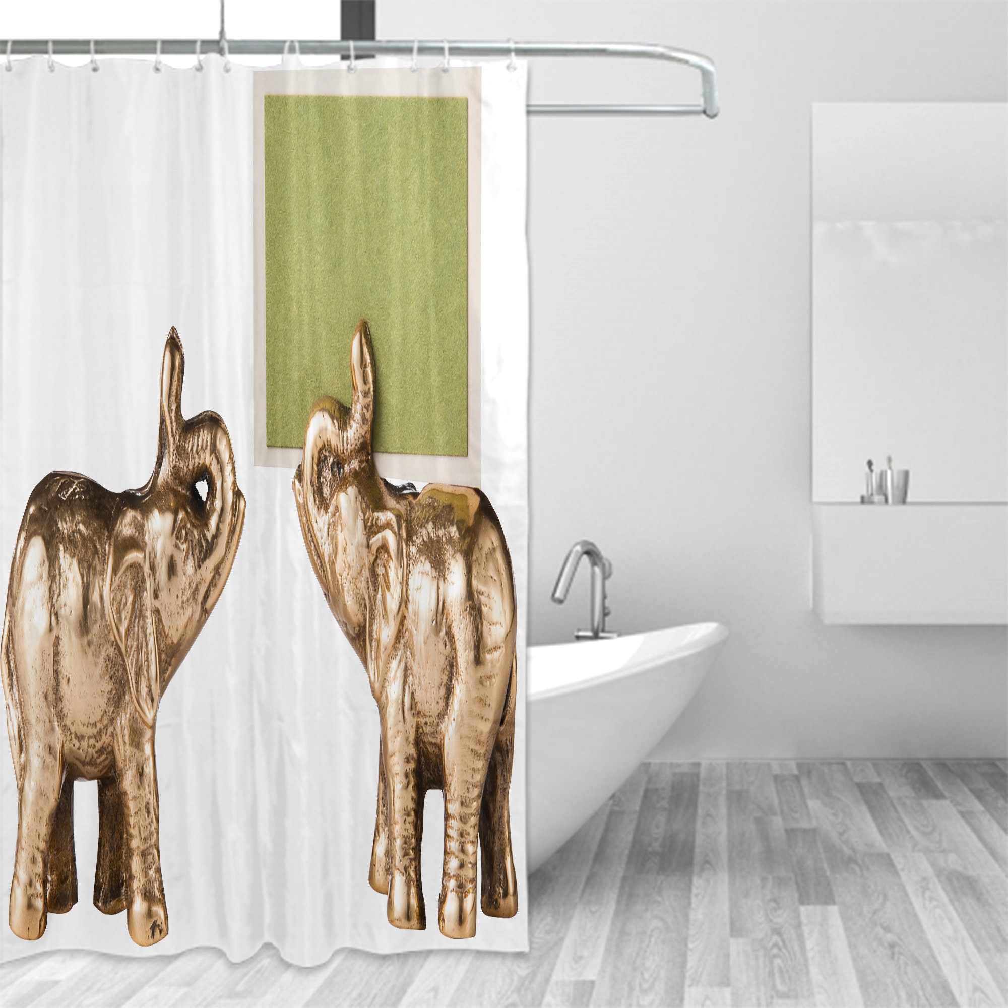 Elephant Statue Shower Curtain - Animal Art Print Bath Curtain for Vintage Bathroom Decor