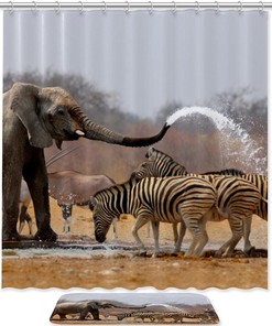 Elephant Zebras Giraffe Waterproof Shower Curtain for Safari Bathroom Decor