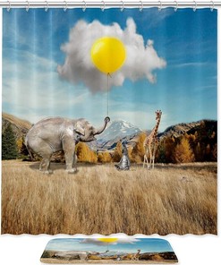 Elephant and Giraffe Clouds Shower Curtain with Microfiber Accents - Animal Themed Bathroom Decor