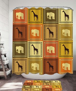 Elephants and Giraffes African Elements Shower Curtain for Ethnic Bathroom Decor