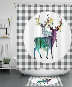 Elk Flowers Buffalo Plaid Shower Curtain - Rustic Bathroom Decor