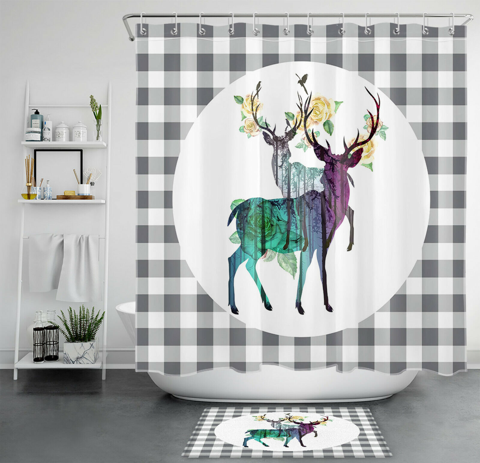 Elk Flowers Buffalo Plaid Shower Curtain - Rustic Bathroom Decor