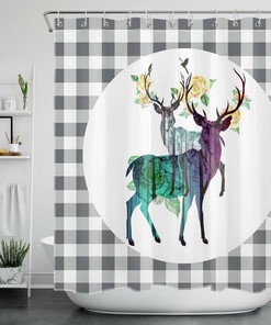Elk Flowers Buffalo Plaid Shower Curtain - Rustic Bathroom Decor