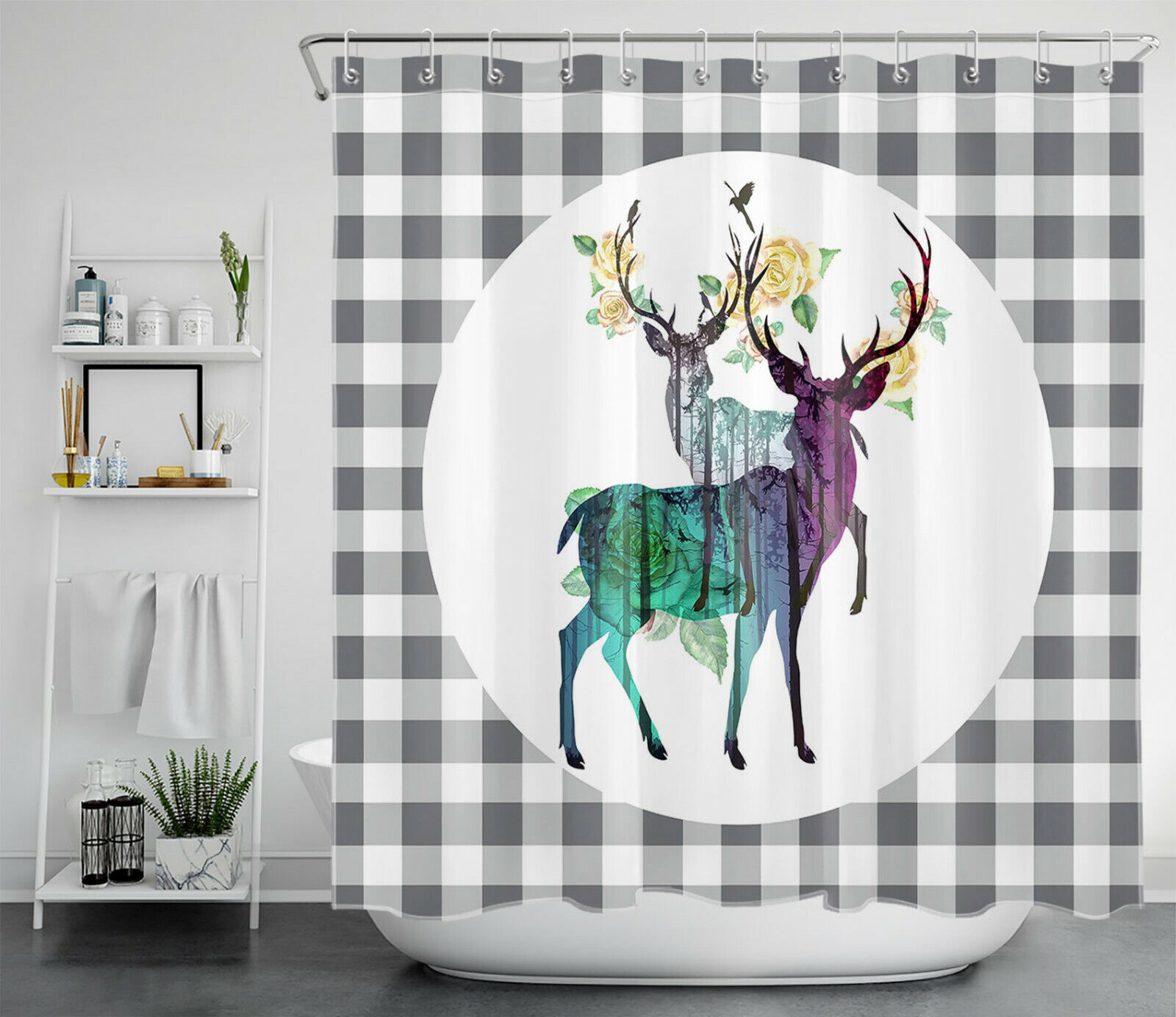 Elk Flowers Buffalo Plaid Shower Curtain - Rustic Bathroom Decor