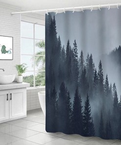 Enchanted Forest - 3D Misty Forest Jungle Pine Tree Print Bathroom Shower Curtain #1 for Bathroom Decor