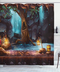 Enchanted Forest Cave Waterfall Cloth Fabric Shower Curtain, Magic Tree Cask Colorful Elf Image, Bathroom Decor