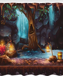 Enchanted Forest Cave Waterfall Cloth Fabric Shower Curtain, Magic Tree Cask Colorful Elf Image, Bathroom Decor