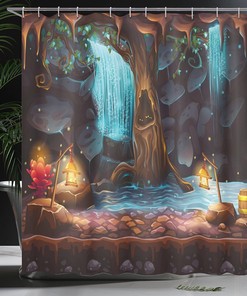 Enchanted Forest Cave Waterfall Cloth Fabric Shower Curtain, Magic Tree Cask Colorful Elf Image, Bathroom Decor