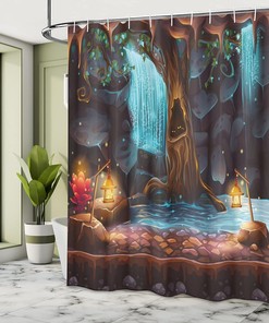 Enchanted Forest Cave Waterfall Cloth Fabric Shower Curtain, Magic Tree Cask Colorful Elf Image, Bathroom Decor