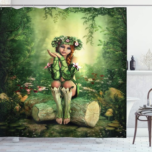 Enchanted Forest Shower Curtain, Computer Art Elf Girl Sitting on Tree Stump, Bathroom Decor