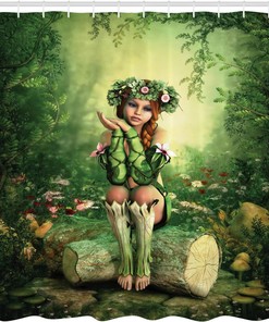Enchanted Forest Shower Curtain, Computer Art Elf Girl Sitting on Tree Stump, Bathroom Decor