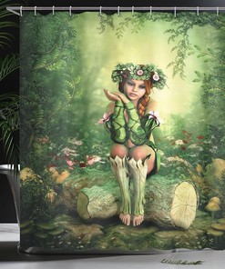 Enchanted Forest Shower Curtain, Computer Art Elf Girl Sitting on Tree Stump, Bathroom Decor