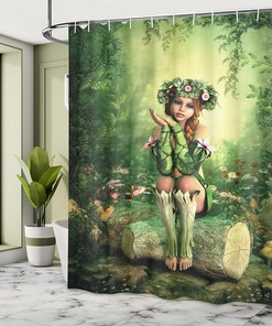 Enchanted Forest Shower Curtain, Computer Art Elf Girl Sitting on Tree Stump, Bathroom Decor
