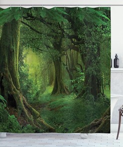 Enchanted Forest Shower Curtain with Deep Tropical Jungle Landscape Print for Bathroom Decor