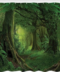 Enchanted Forest Shower Curtain with Deep Tropical Jungle Landscape Print for Bathroom Decor