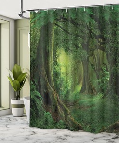 Enchanted Forest Shower Curtain with Deep Tropical Jungle Landscape Print for Bathroom Decor