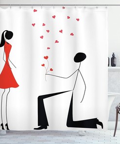 Engagement Couple with Heart Flowers Cloth Fabric Shower Curtain, Modern Minimalist Celebration Design, Bathroom Decor