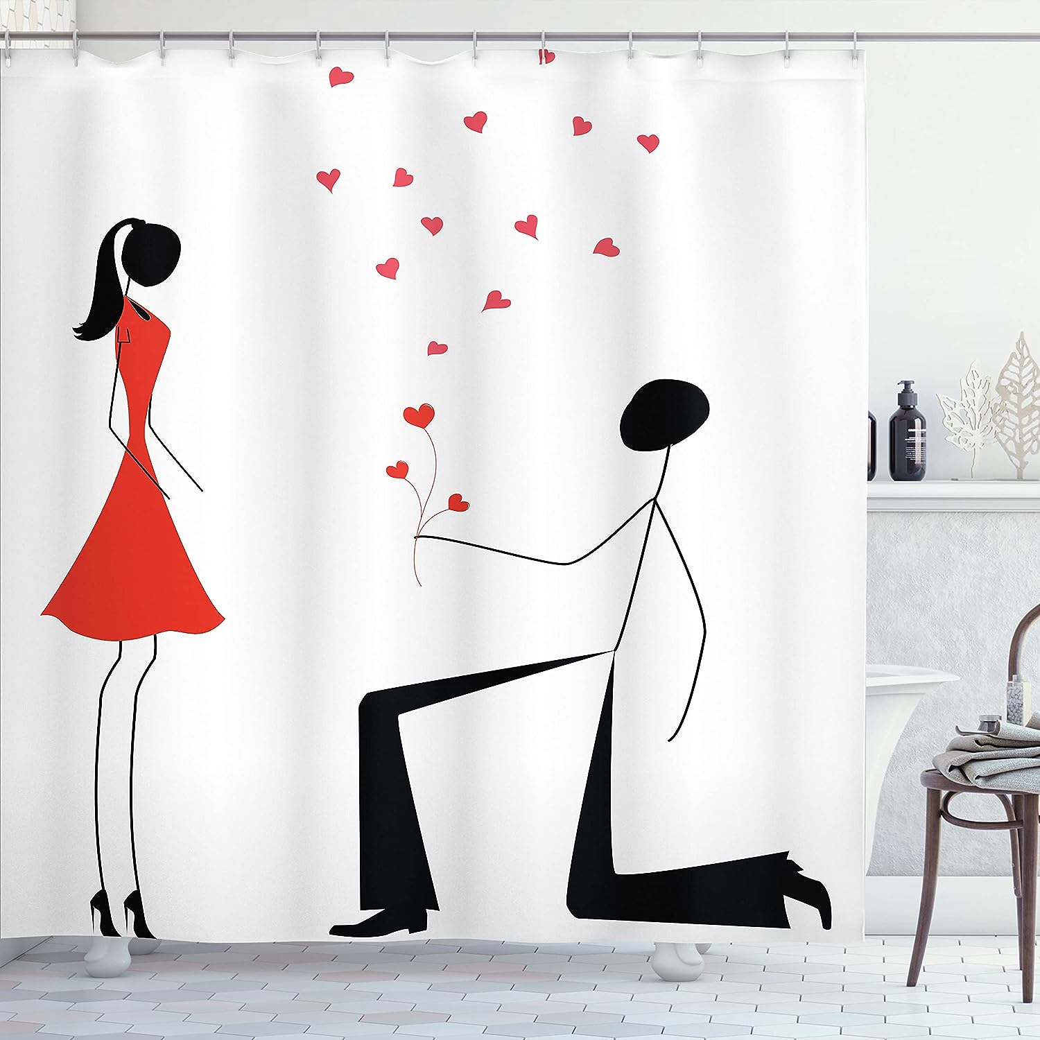 Engagement Couple with Heart Flowers Cloth Fabric Shower Curtain, Modern Minimalist Celebration Design, Bathroom Decor