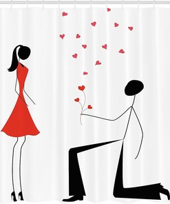 Engagement Couple with Heart Flowers Cloth Fabric Shower Curtain, Modern Minimalist Celebration Design, Bathroom Decor