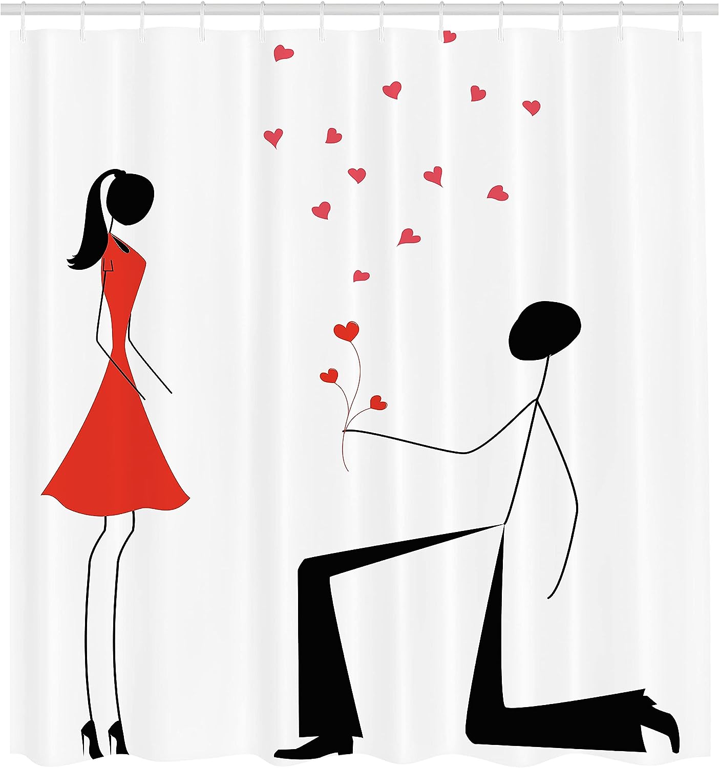 Engagement Couple with Heart Flowers Cloth Fabric Shower Curtain, Modern Minimalist Celebration Design, Bathroom Decor
