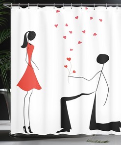 Engagement Couple with Heart Flowers Cloth Fabric Shower Curtain, Modern Minimalist Celebration Design, Bathroom Decor