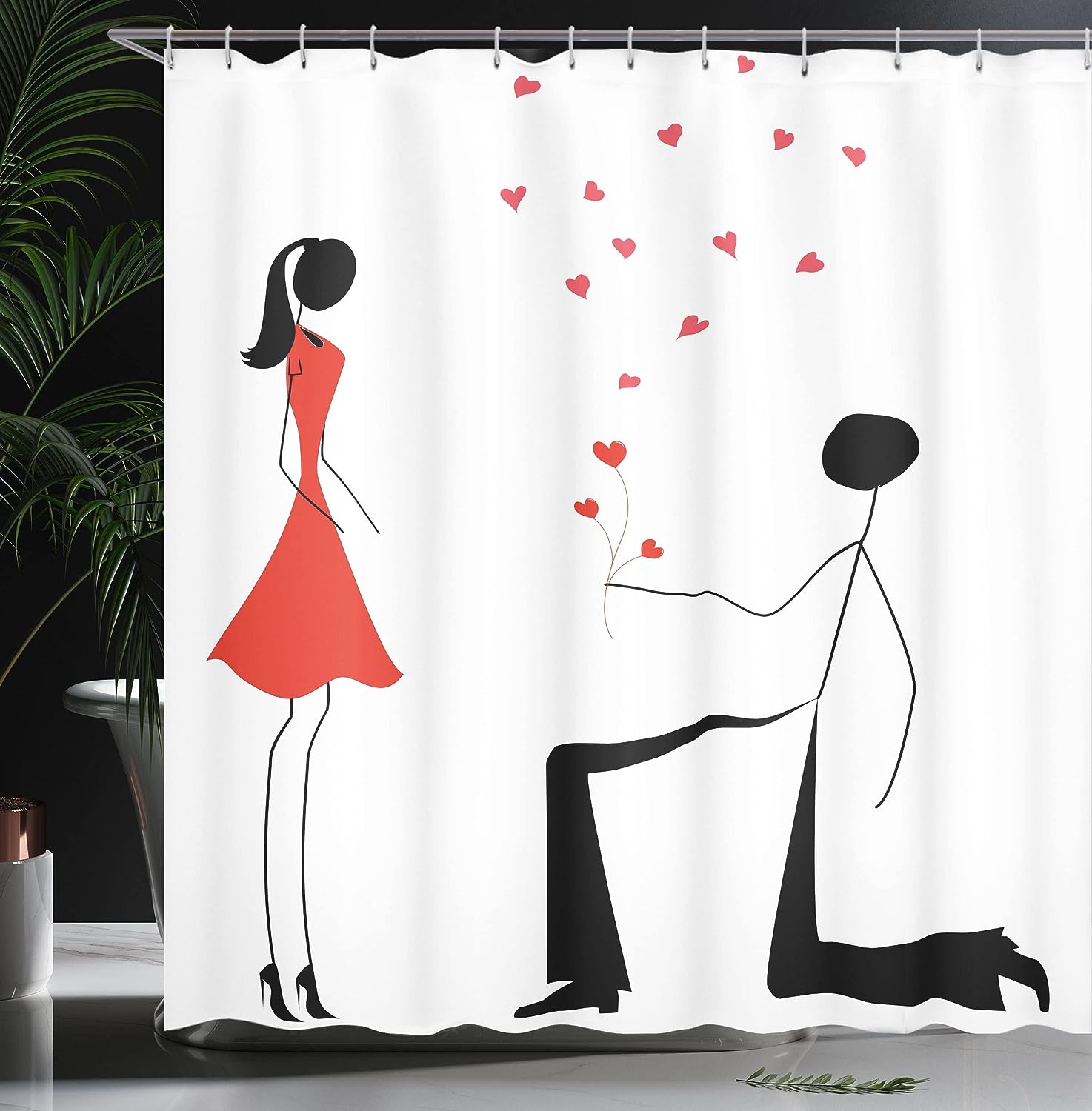 Engagement Couple with Heart Flowers Cloth Fabric Shower Curtain, Modern Minimalist Celebration Design, Bathroom Decor