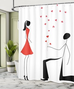 Engagement Couple with Heart Flowers Cloth Fabric Shower Curtain, Modern Minimalist Celebration Design, Bathroom Decor