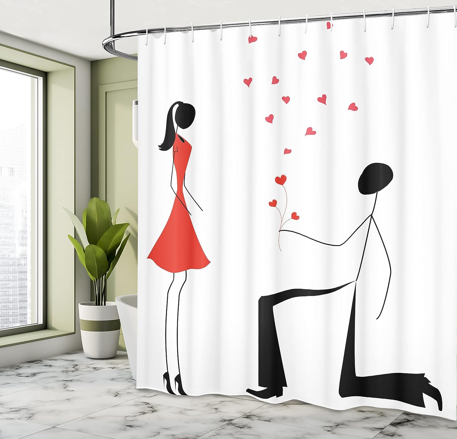 Engagement Couple with Heart Flowers Cloth Fabric Shower Curtain, Modern Minimalist Celebration Design, Bathroom Decor