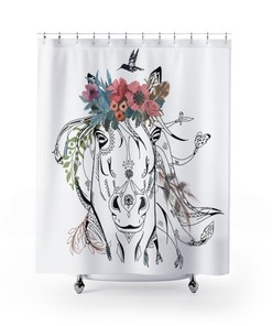 Equestrian Boho Horse Head Bath Curtain for Horse Lover - Bathroom Decoration, Home Decor