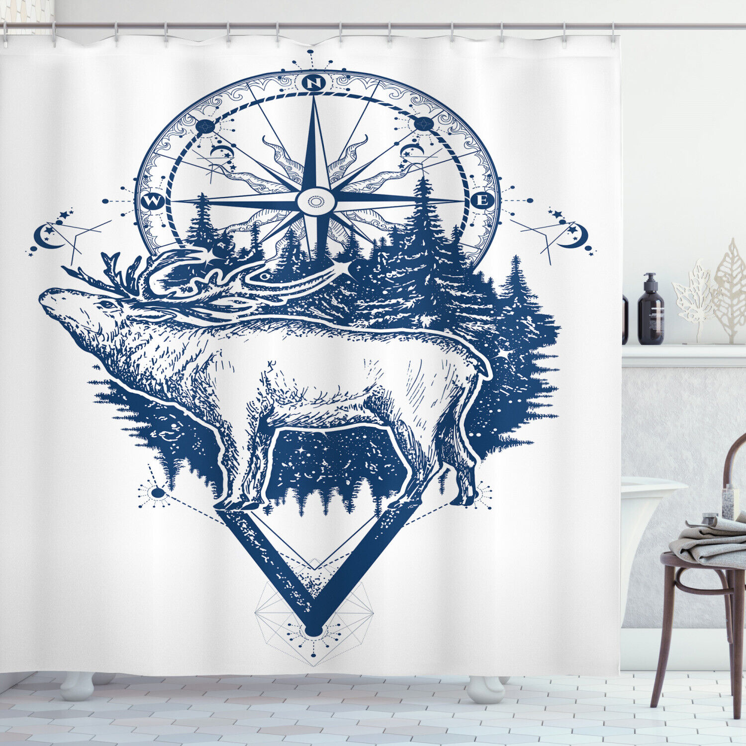 Ethnic Deer Compass Adventure Shower Curtain for Nature-Themed Bathroom Decor