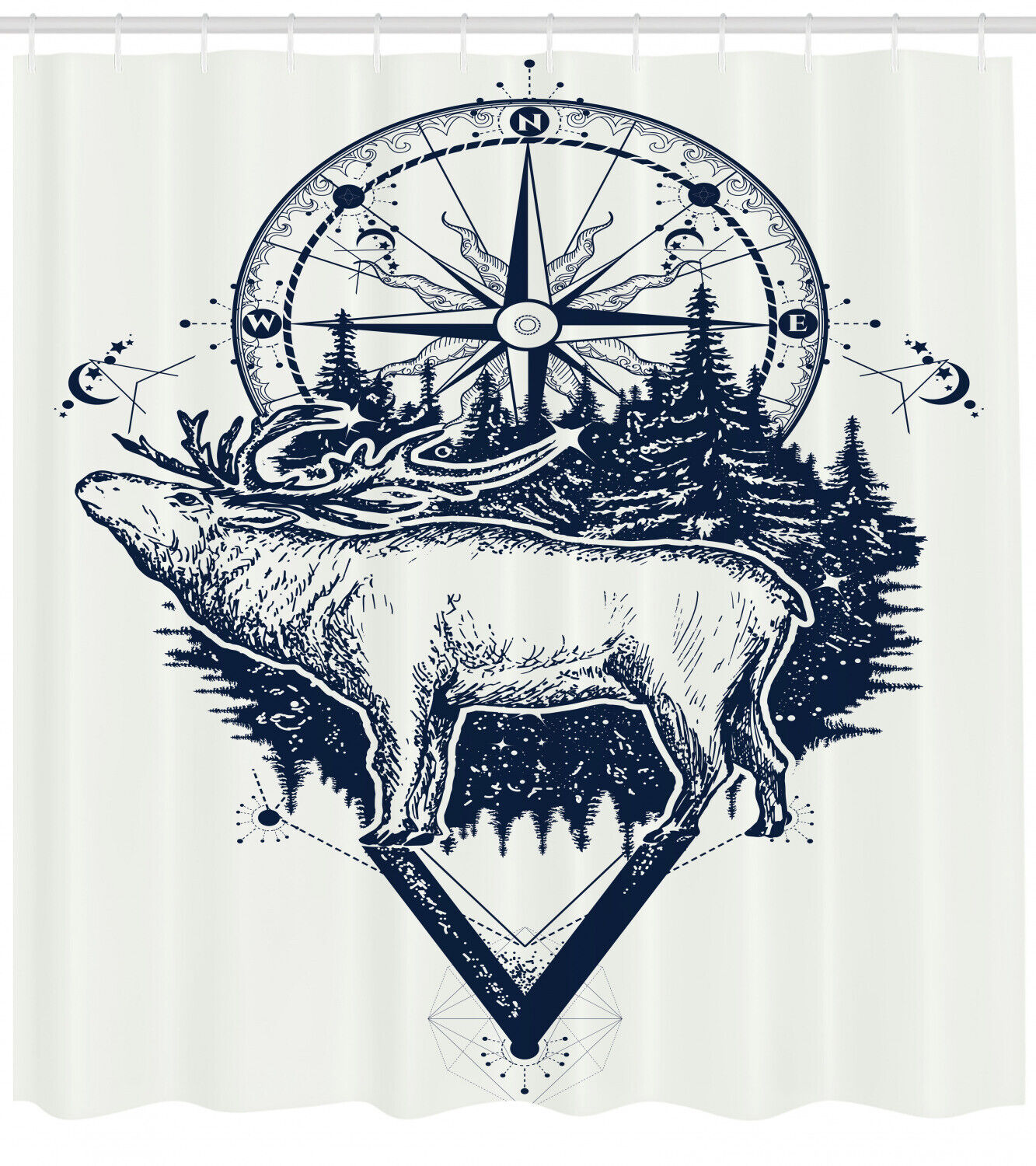 Ethnic Deer Compass Adventure Shower Curtain for Nature-Themed Bathroom Decor