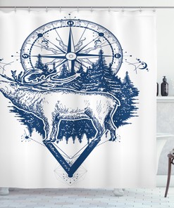 Ethnic Deer Compass Adventure Shower Curtain for Nature-Themed Bathroom Decor
