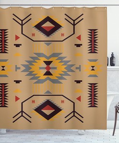Ethnic Zigzag Shower Curtain, Southwestern Artwork Bathroom Decor with Triangular Motifs, Dark Sand Cloth Fabric