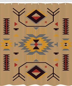 Ethnic Zigzag Shower Curtain, Southwestern Artwork Bathroom Decor with Triangular Motifs, Dark Sand Cloth Fabric
