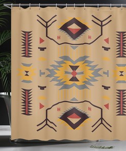 Ethnic Zigzag Shower Curtain, Southwestern Artwork Bathroom Decor with Triangular Motifs, Dark Sand Cloth Fabric
