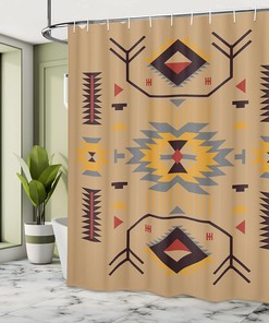 Ethnic Zigzag Shower Curtain, Southwestern Artwork Bathroom Decor with Triangular Motifs, Dark Sand Cloth Fabric