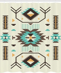Ethnic Zigzag Shower Curtain, Southwestern Bathroom Decor with Printed Art, Soft Yellow Cloth Fabric