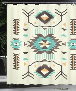 Ethnic Zigzag Shower Curtain, Southwestern Bathroom Decor with Printed Art, Soft Yellow Cloth Fabric