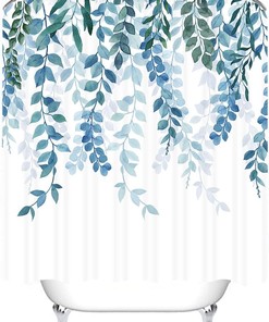 Eucalyptus Shower Curtain, Blue Design, Floral Watercolor Leaves, Botanical Bathroom Decor