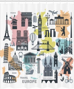 Europe Landmarks Shower Curtain, Themed Silhouettes and Maps Print, Travel Bathroom Decor