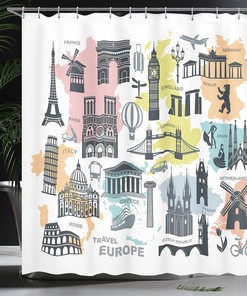 Europe Landmarks Shower Curtain, Themed Silhouettes and Maps Print, Travel Bathroom Decor