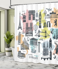 Europe Landmarks Shower Curtain, Themed Silhouettes and Maps Print, Travel Bathroom Decor
