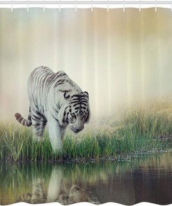Exotic Albino Tiger Shower Curtain, River Background with Tiger, Cloth Bathroom Decor W, Green and White