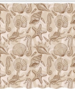 Exotic Marine Animals Shower Curtain, Retro Style Shells Starfish Seahorse Print for Bathroom Decor, Eggshell Brown White