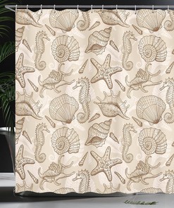 Exotic Marine Animals Shower Curtain, Retro Style Shells Starfish Seahorse Print for Bathroom Decor, Eggshell Brown White